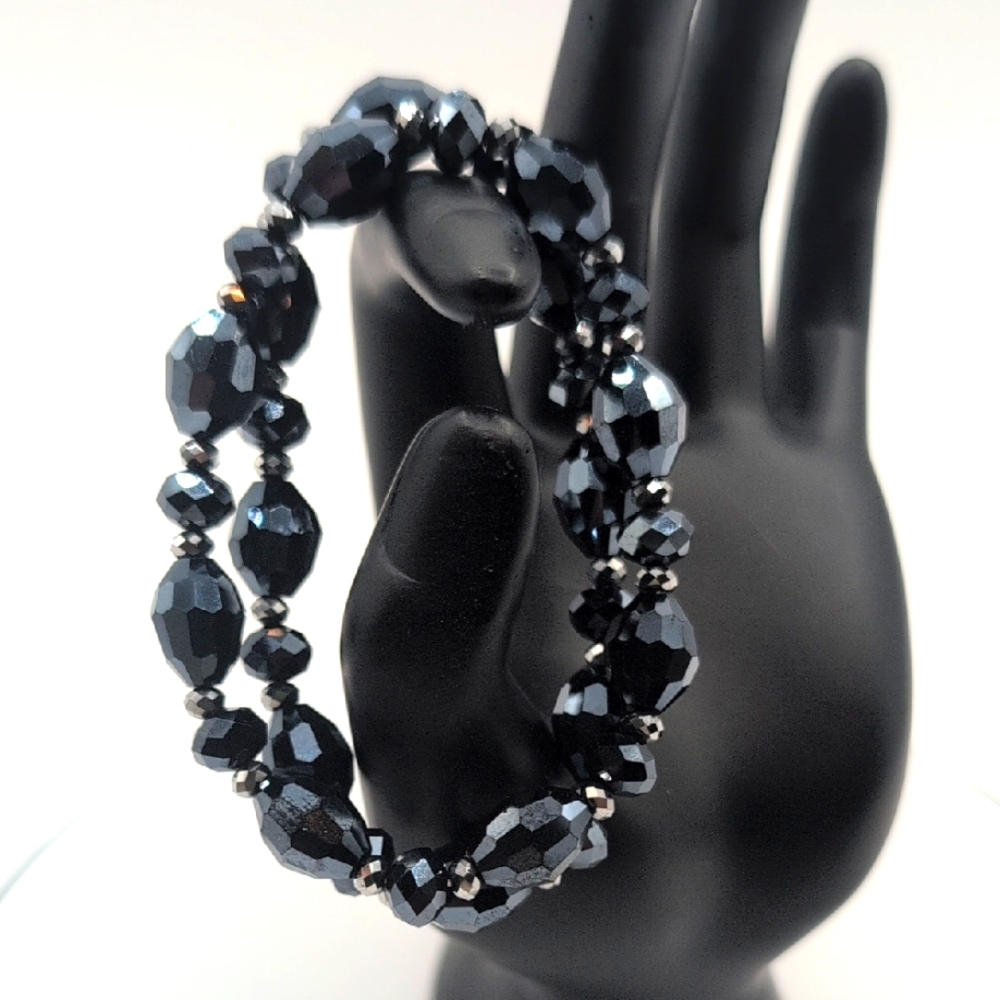 Two Elegant Navy Blue Crystal Beaded Bracelets